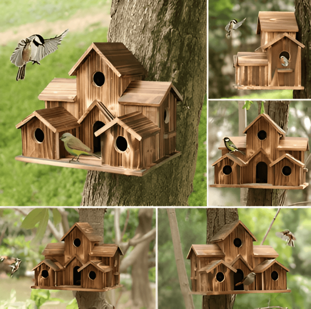 Wooden Hanging Birdhouse for Garden & Balcony | Weatherproof Natural Wood Design | Easy Hang Bird Feeder Shelter | 20 x 14 x 15 cm