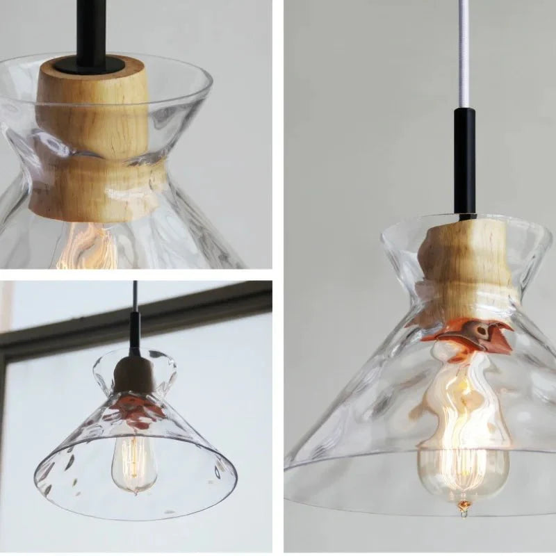 Ripple Glass Pendant Lamp Japanese Minimalist | E27 Dimmable LED | Textured Glass Hanging Light | Modern Wood Accent Lighting