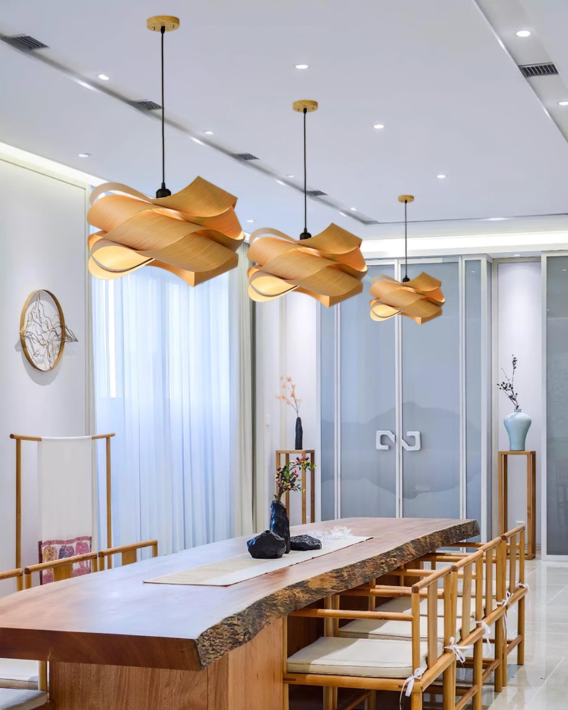 Wood Pendant Lamp Link Modern Design | Handmade Shade | E26 E27 Compatible | Warm Ambient Lighting | Dining Room Kitchen Island