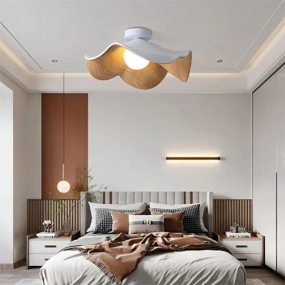 Scandinavian Wooden Lotus Ceiling Lamp Made of Resin
