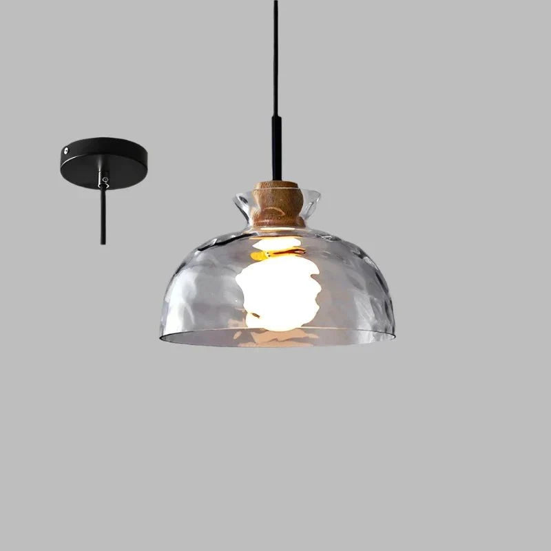 Ripple Glass Pendant Lamp Japanese Minimalist | E27 Dimmable LED | Textured Glass Hanging Light | Modern Wood Accent Lighting