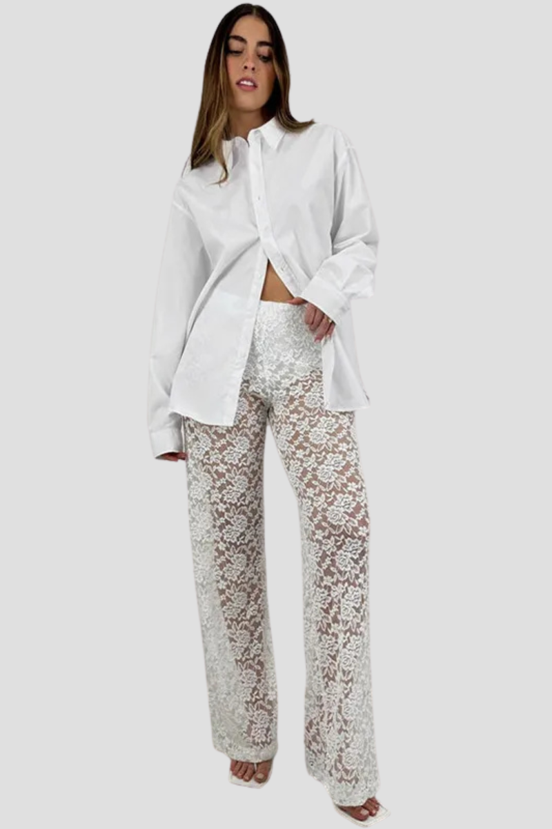 Women | Lace Pants | High Waist | Sheer Floral | Straight Leg | Party Night Out