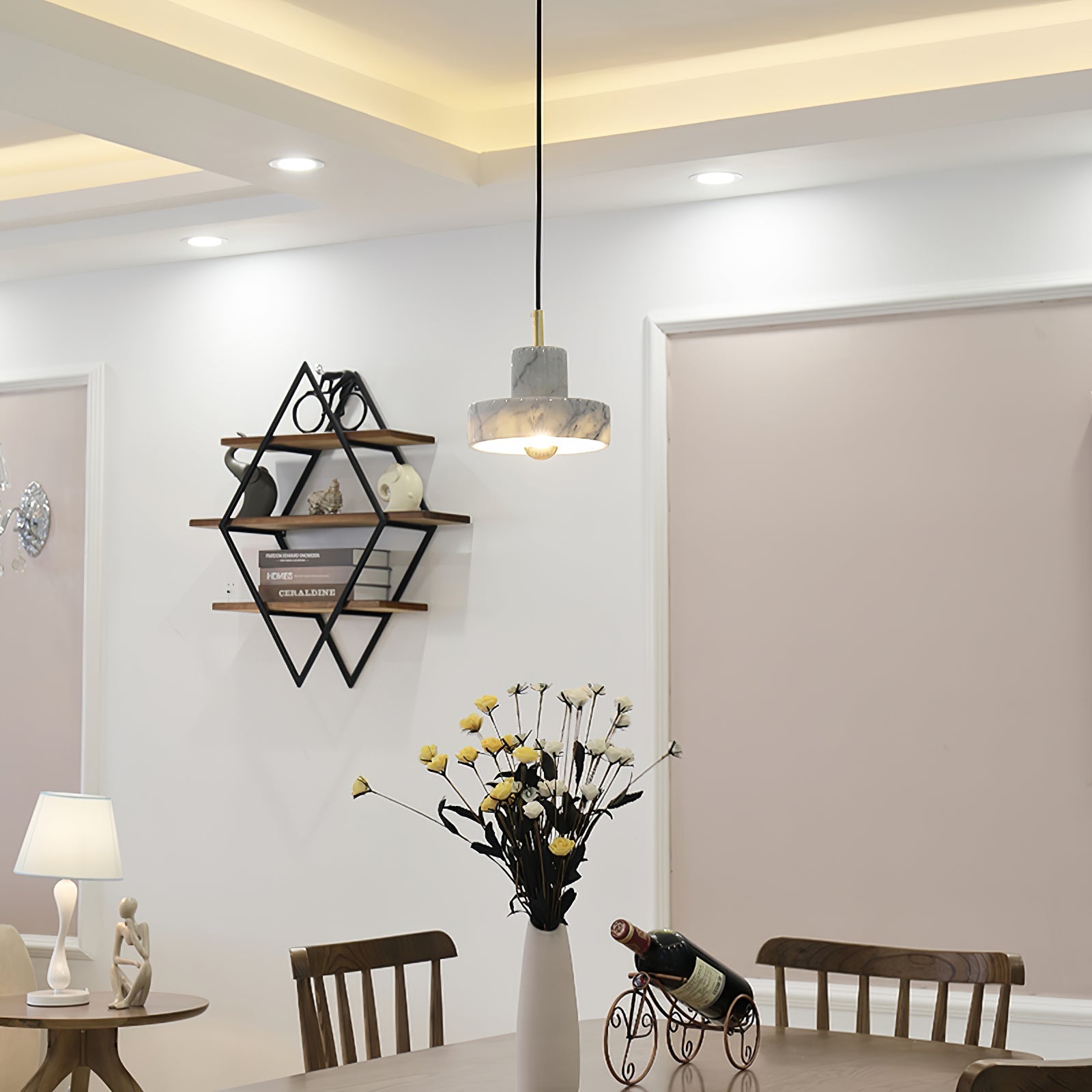 Marble Pendant Lamp Inspired by Taj Mahal | Natural Stone Finish | Integrated LED 3000K Warm Light | Adjustable Hanging Ceiling Light