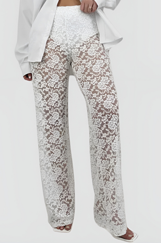 Women | Lace Pants | High Waist | Sheer Floral | Straight Leg | Party Night Out