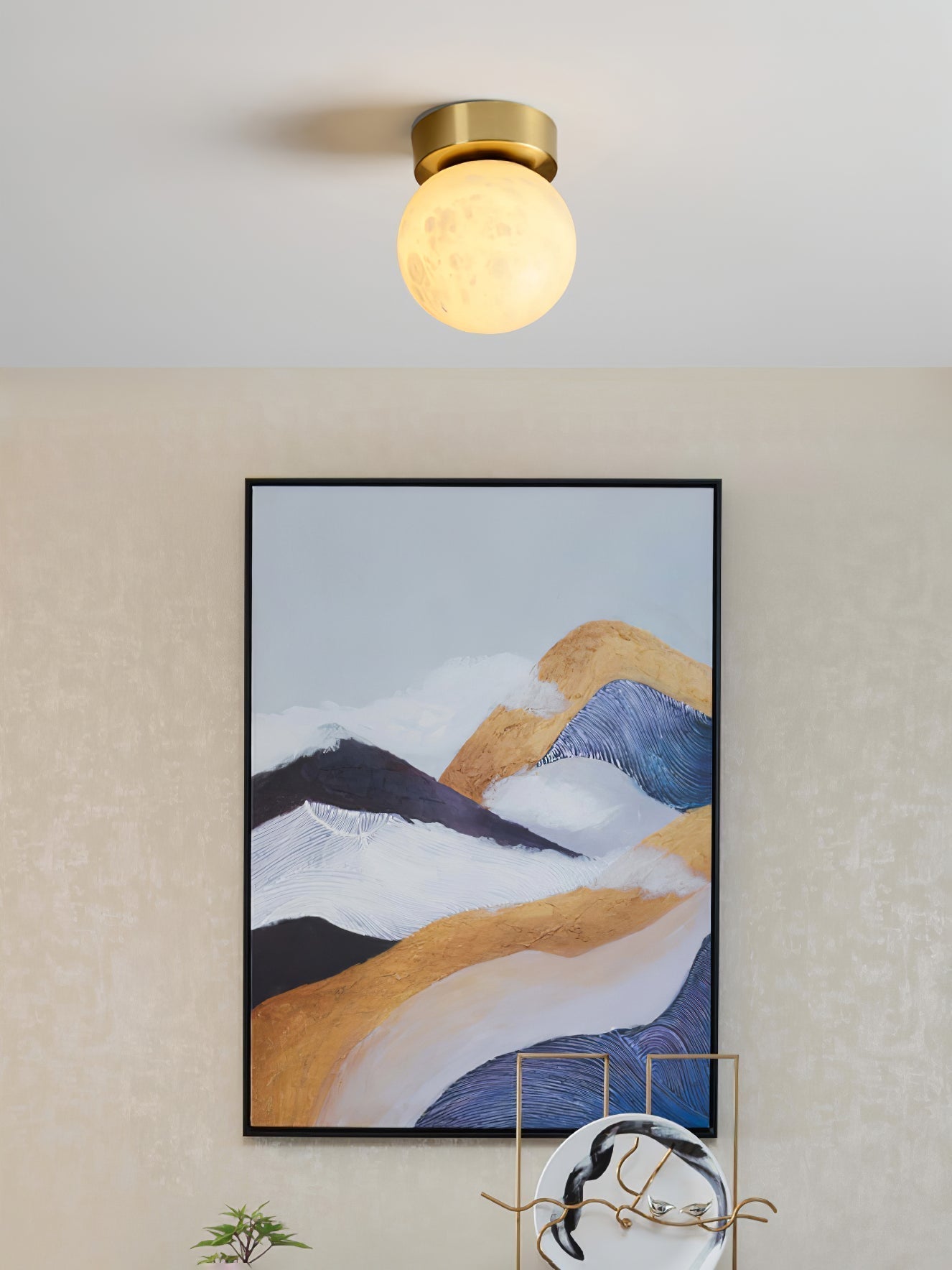 Modern Moon Alabaster Ceiling Lamp LED | Brass Round Flush Mount Light | 3 Color Temperature Indoor Ceiling Fixture Ø15cm