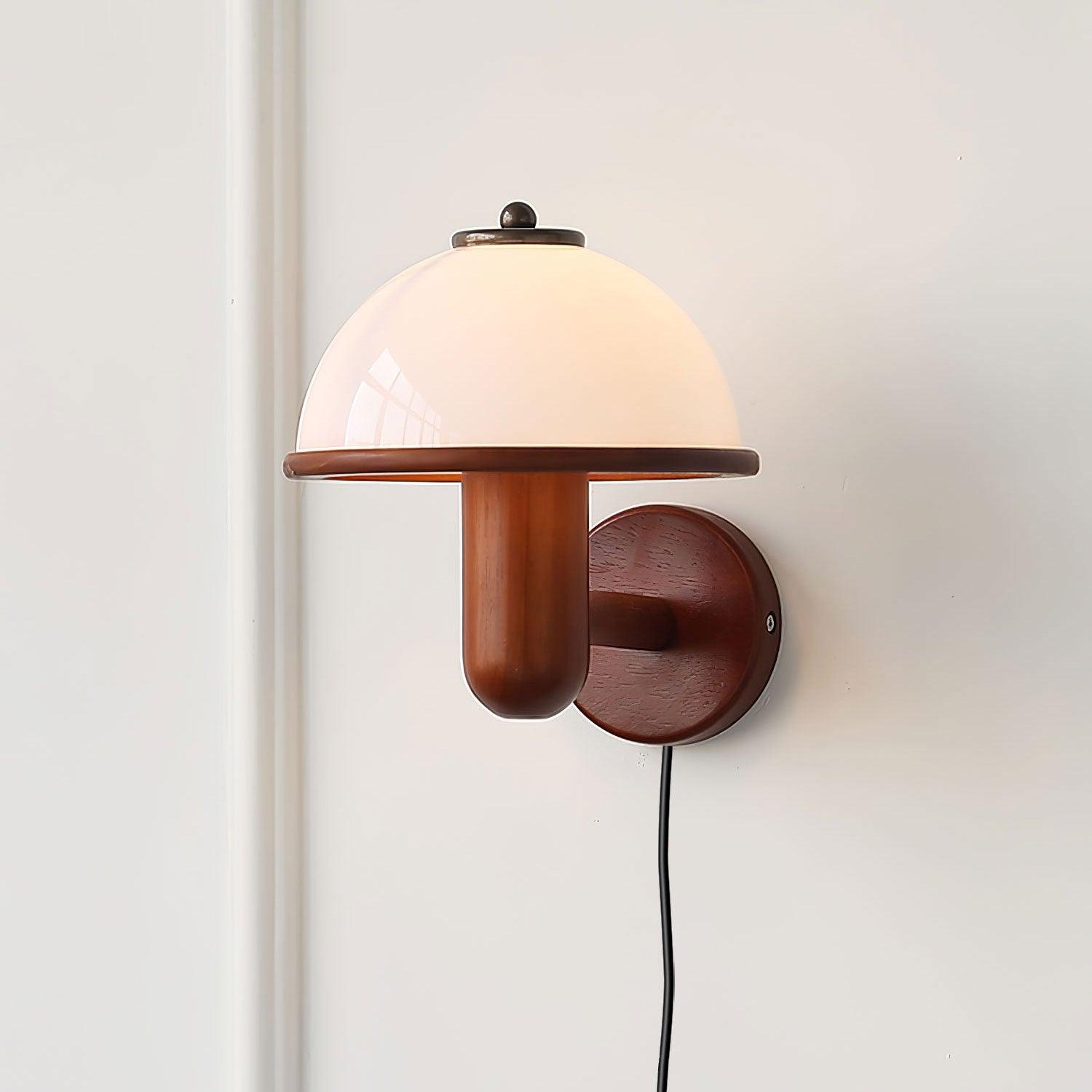 Mushroom Wooden Wall Lamp Oak Scandinavian Wall Light | Natural Wood Design | E14 LED Compatible | Plug In with Switch
