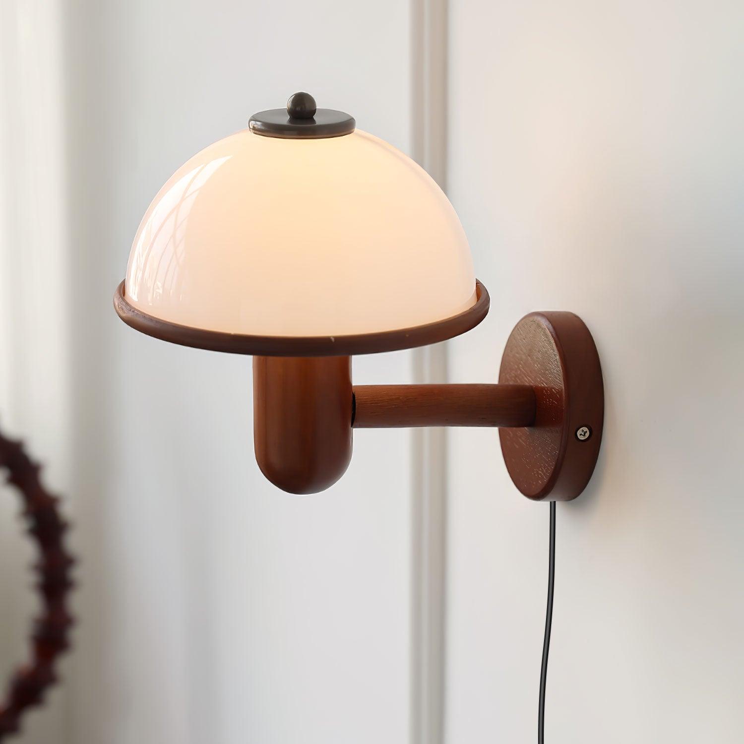 Mushroom Wooden Wall Lamp Oak Scandinavian Wall Light | Natural Wood Design | E14 LED Compatible | Plug In with Switch