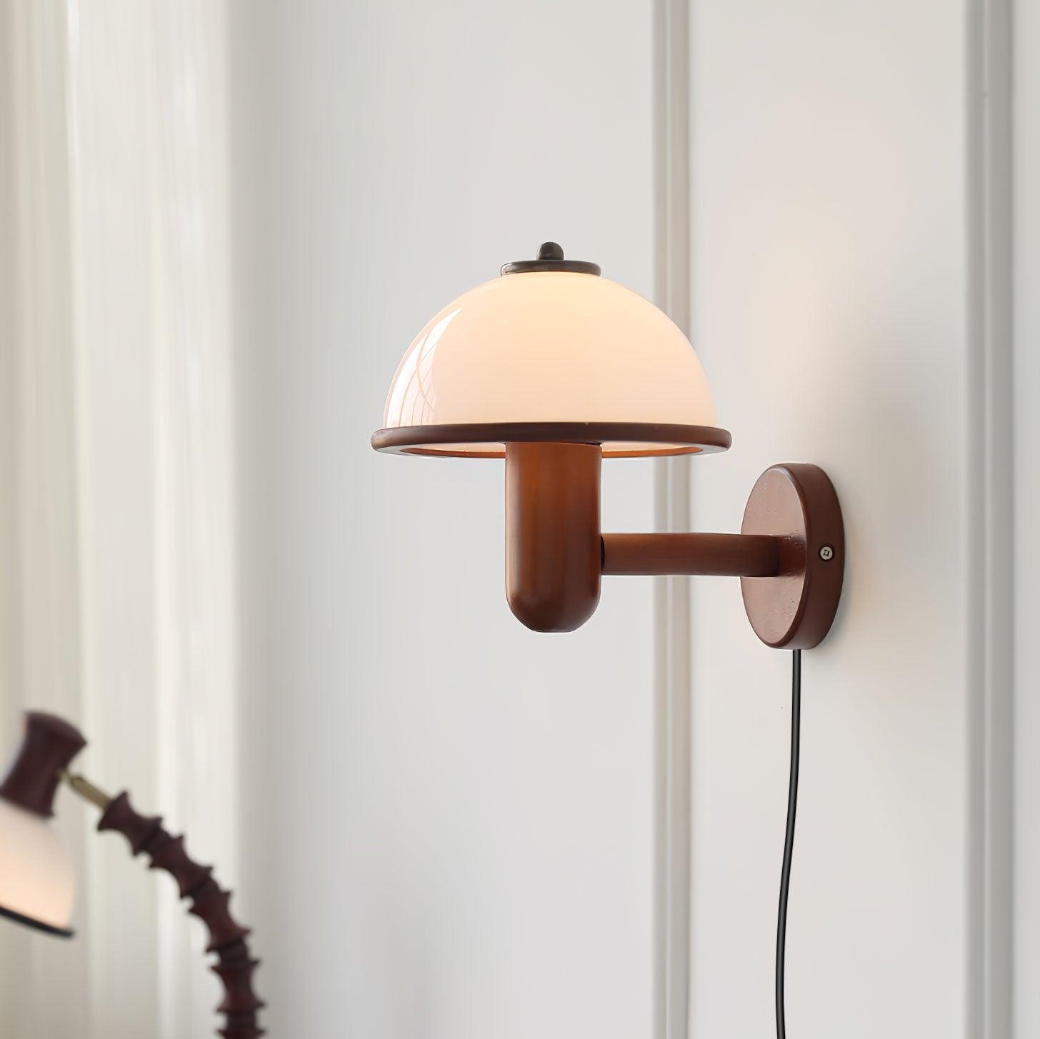 Mushroom Wooden Wall Lamp Oak Scandinavian Wall Light | Natural Wood Design | E14 LED Compatible | Plug In with Switch