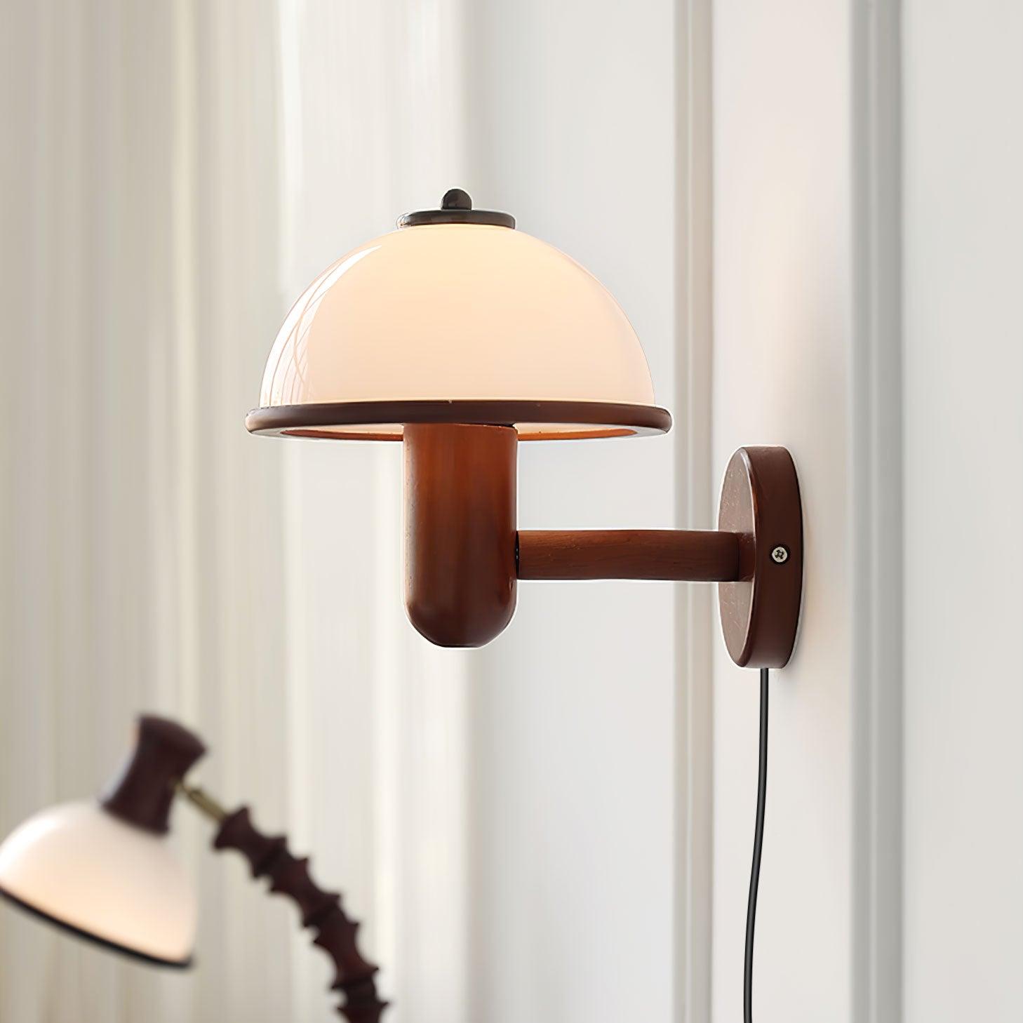 Mushroom Wooden Wall Lamp Oak Scandinavian Wall Light | Natural Wood Design | E14 LED Compatible | Plug In with Switch