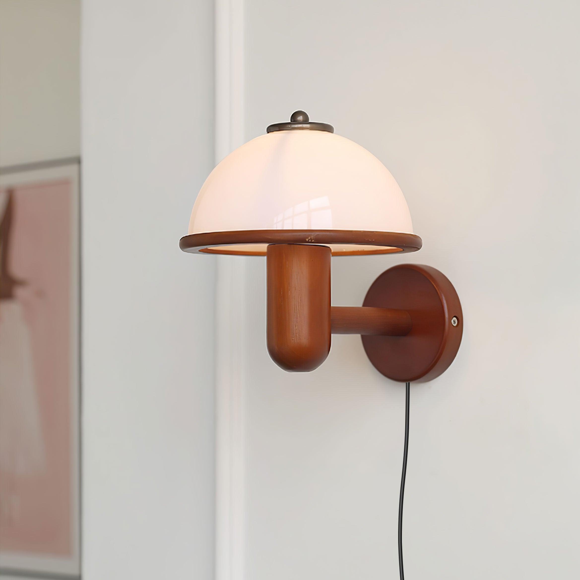 Mushroom Wooden Wall Lamp Oak Scandinavian Wall Light | Natural Wood Design | E14 LED Compatible | Plug In with Switch