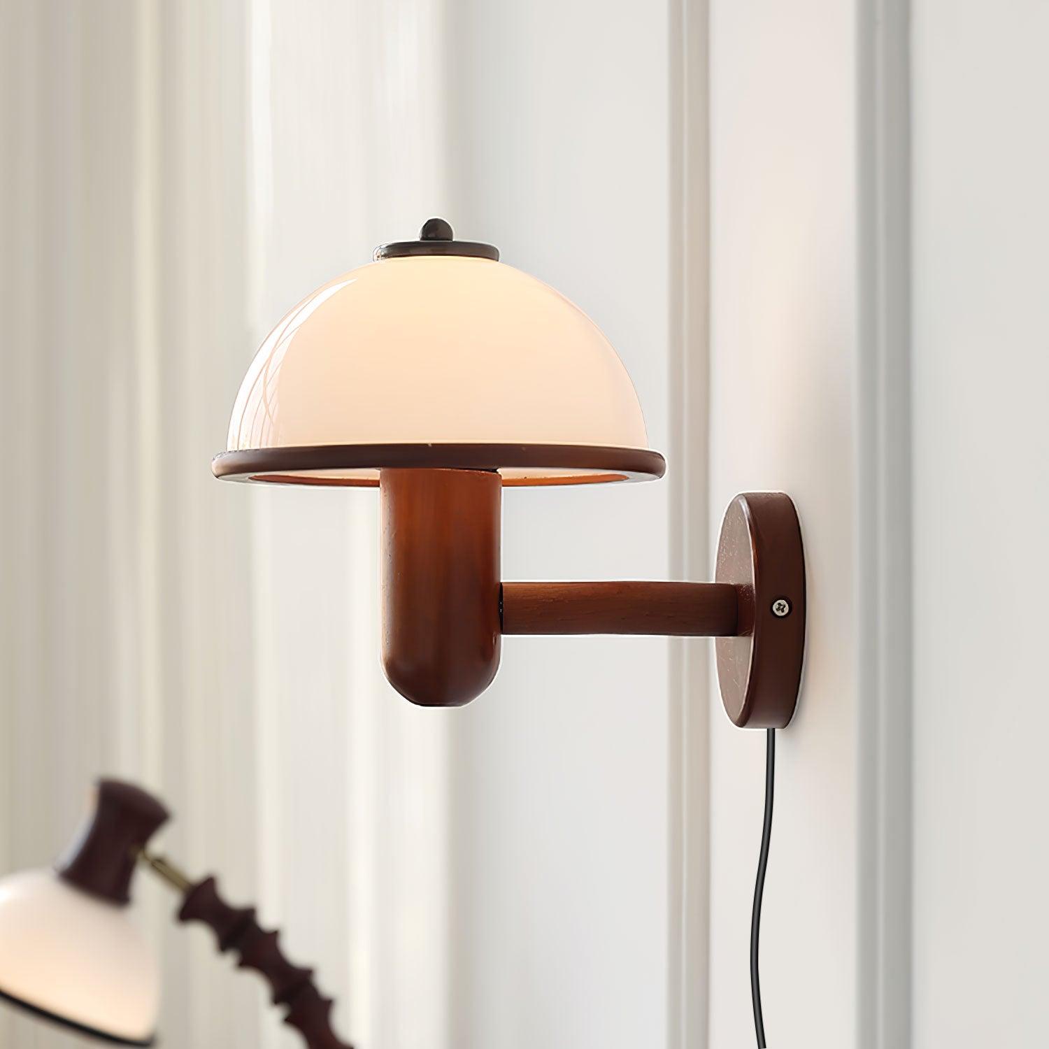 Mushroom Wooden Wall Lamp Oak Scandinavian Wall Light | Natural Wood Design | E14 LED Compatible | Plug In with Switch