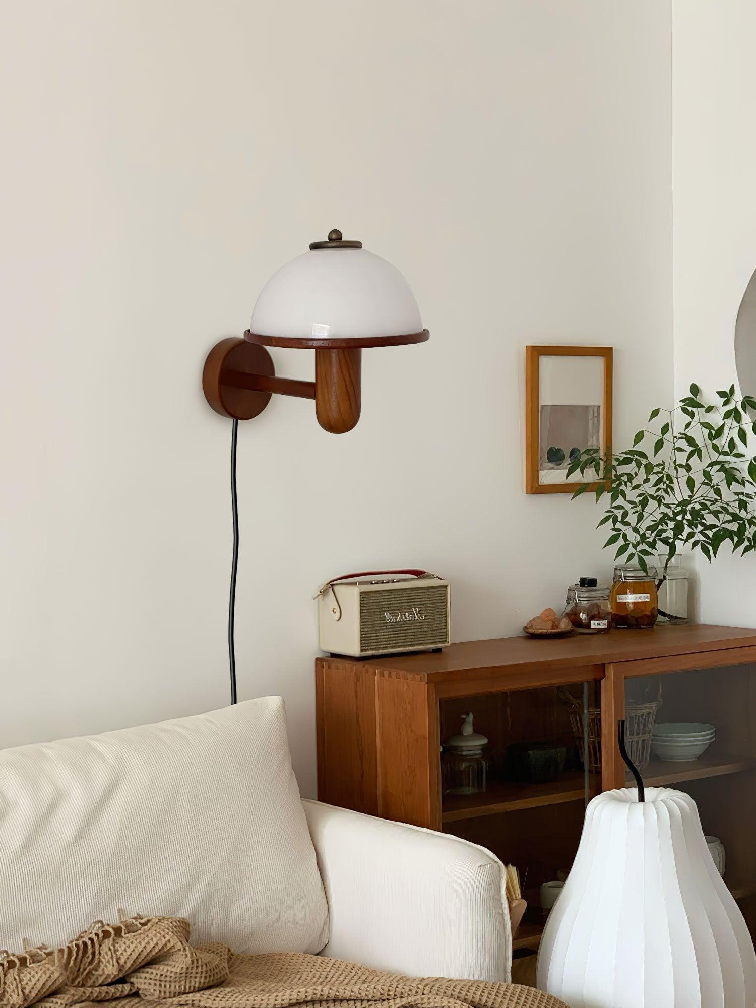 Mushroom Wooden Wall Lamp Oak Scandinavian Wall Light | Natural Wood Design | E14 LED Compatible | Plug In with Switch