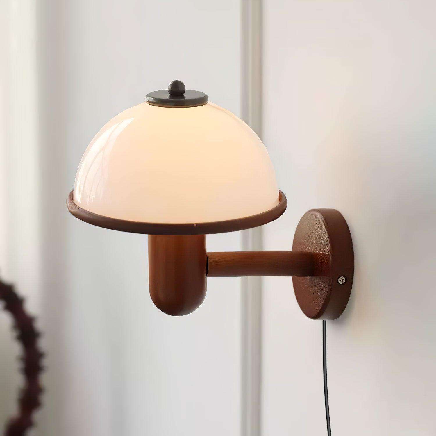 Mushroom Wooden Wall Lamp Oak Scandinavian Wall Light | Natural Wood Design | E14 LED Compatible | Plug In with Switch