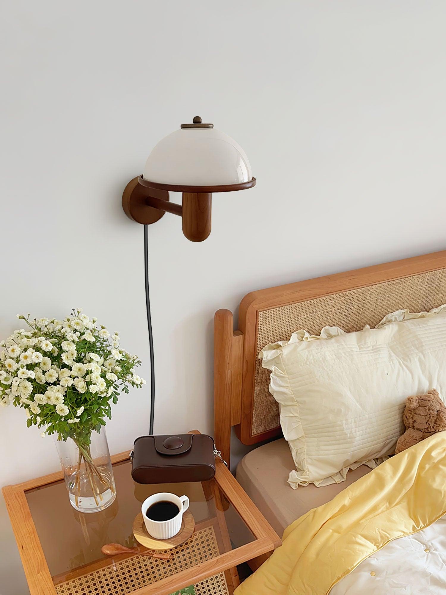 Mushroom Wooden Wall Lamp Oak Scandinavian Wall Light | Natural Wood Design | E14 LED Compatible | Plug In with Switch