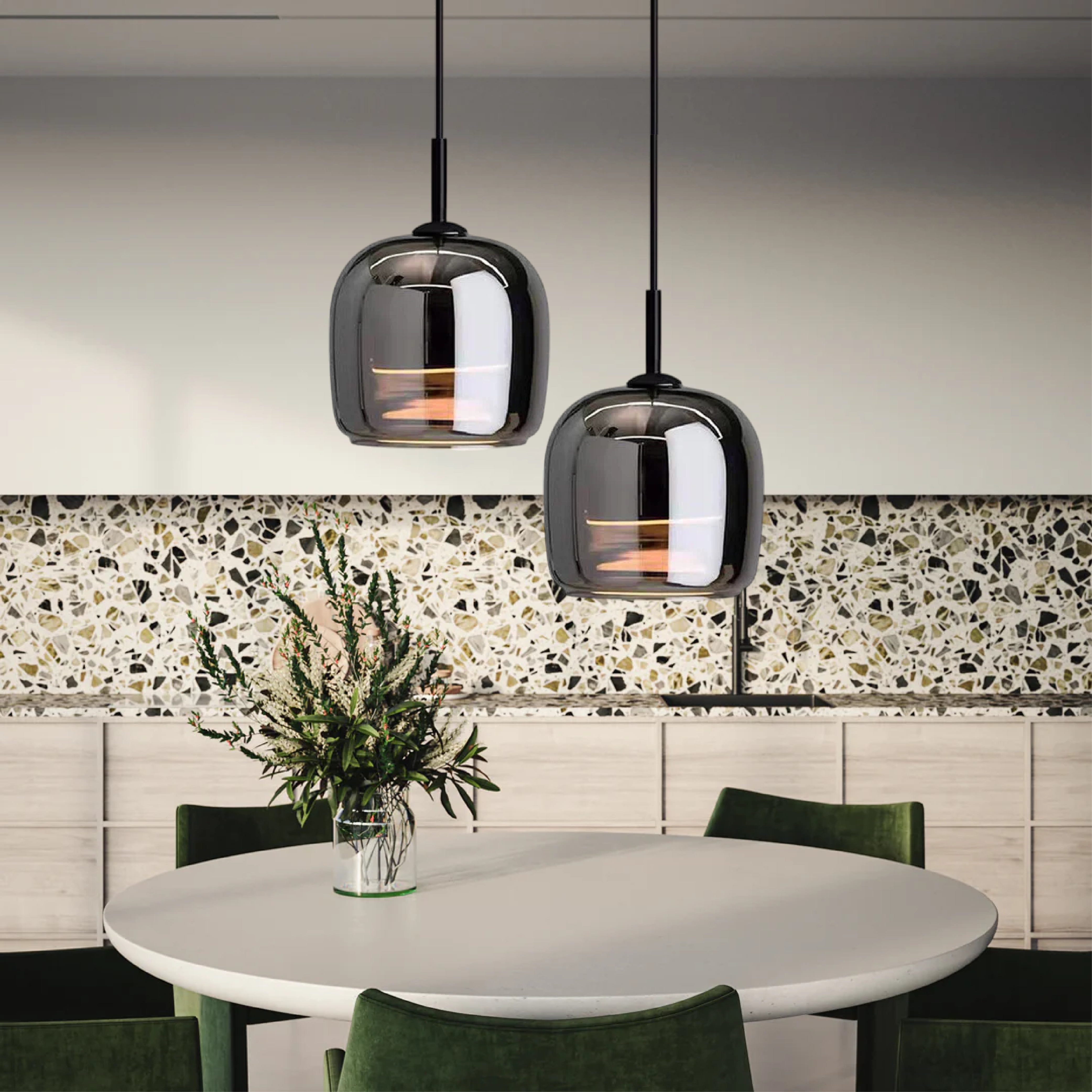 Scandinavian Black Glass Pendant Light for Kitchen Island & Bedside | Modern Minimalist Hanging Lamp | E27 Socket | 16x18cm