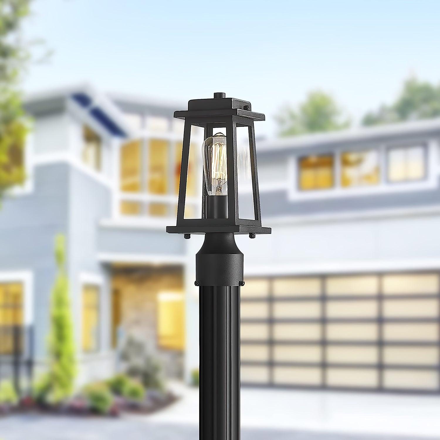 Outdoor Lantern Post Light Black Metal Glass Garden Lamp | E26/E27 Base | IP44 Weather Resistant | Classic Exterior Lighting