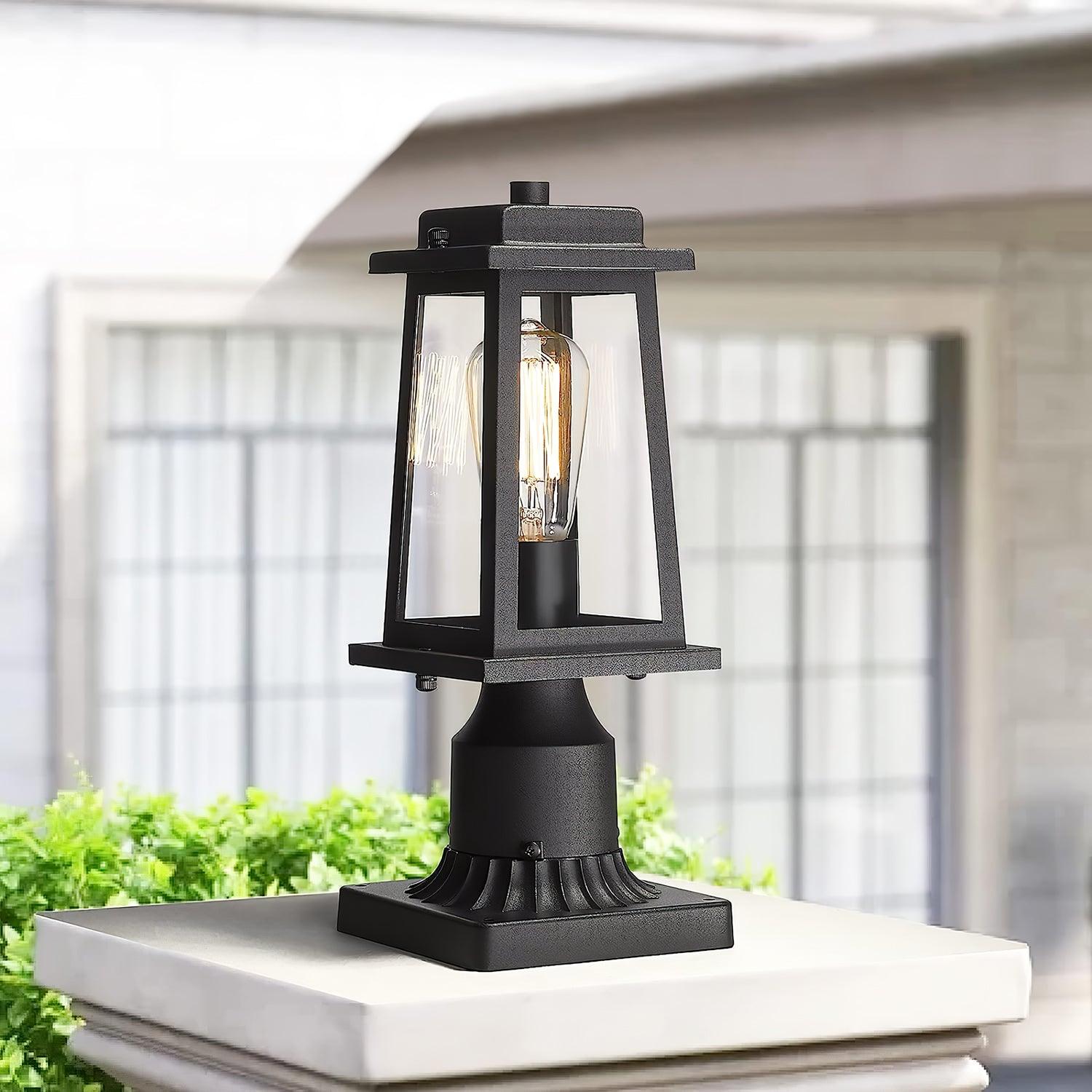 Outdoor Lantern Post Light Black Metal Glass Garden Lamp | E26/E27 Base | IP44 Weather Resistant | Classic Exterior Lighting