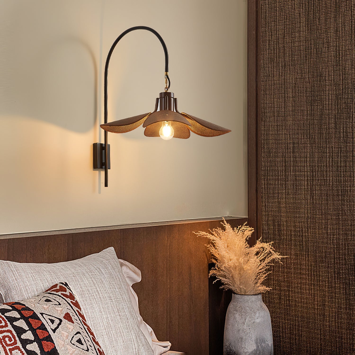 Petal Bloom Wall Lamp | Floral Linen & Wood Wall Light | E26/E27 Indoor Ambient Lighting | Decorative Bedroom & Living Room Fixture