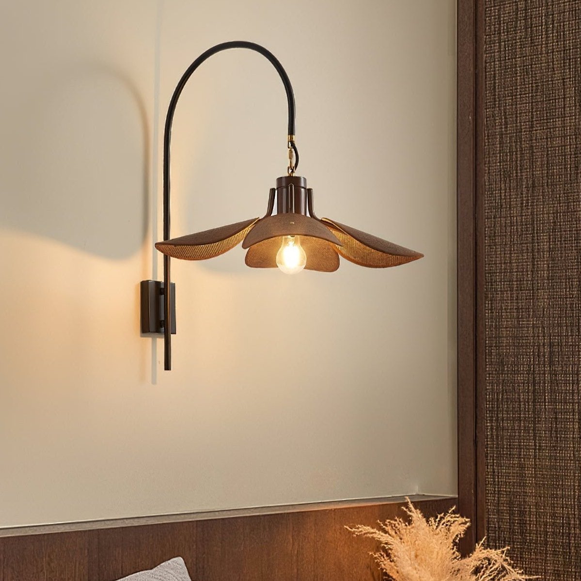 Petal Bloom Wall Lamp | Floral Linen & Wood Wall Light | E26/E27 Indoor Ambient Lighting | Decorative Bedroom & Living Room Fixture