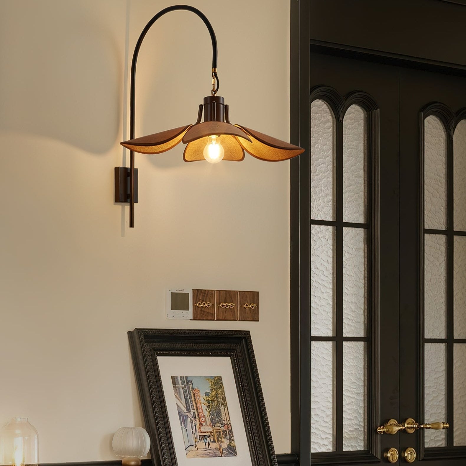 Petal Bloom Wall Lamp | Floral Linen & Wood Wall Light | E26/E27 Indoor Ambient Lighting | Decorative Bedroom & Living Room Fixture