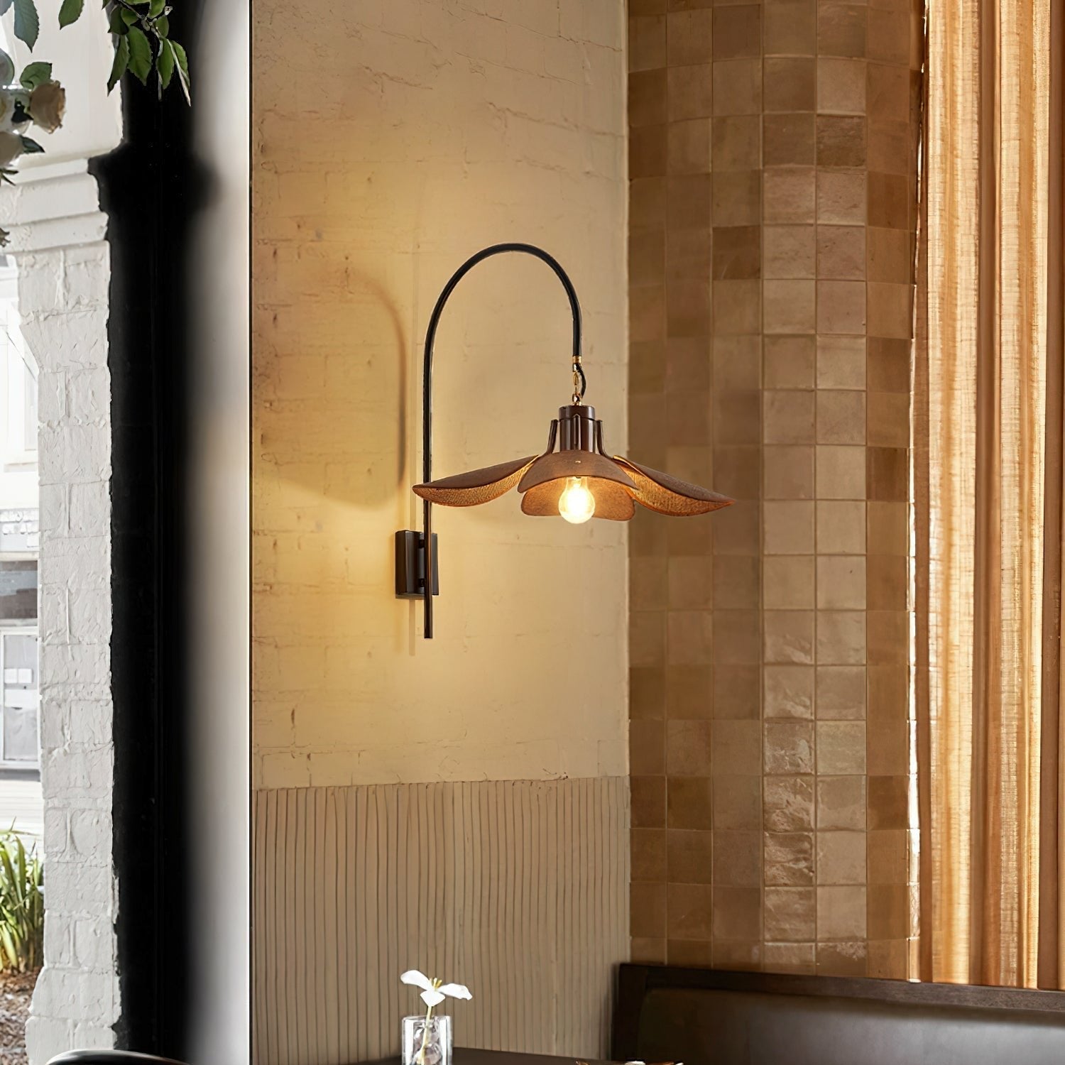 Petal Bloom Wall Lamp | Floral Linen & Wood Wall Light | E26/E27 Indoor Ambient Lighting | Decorative Bedroom & Living Room Fixture