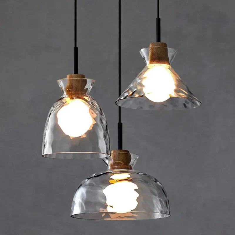 Ripple Glass Pendant Lamp Japanese Minimalist | E27 Dimmable LED | Textured Glass Hanging Light | Modern Wood Accent Lighting