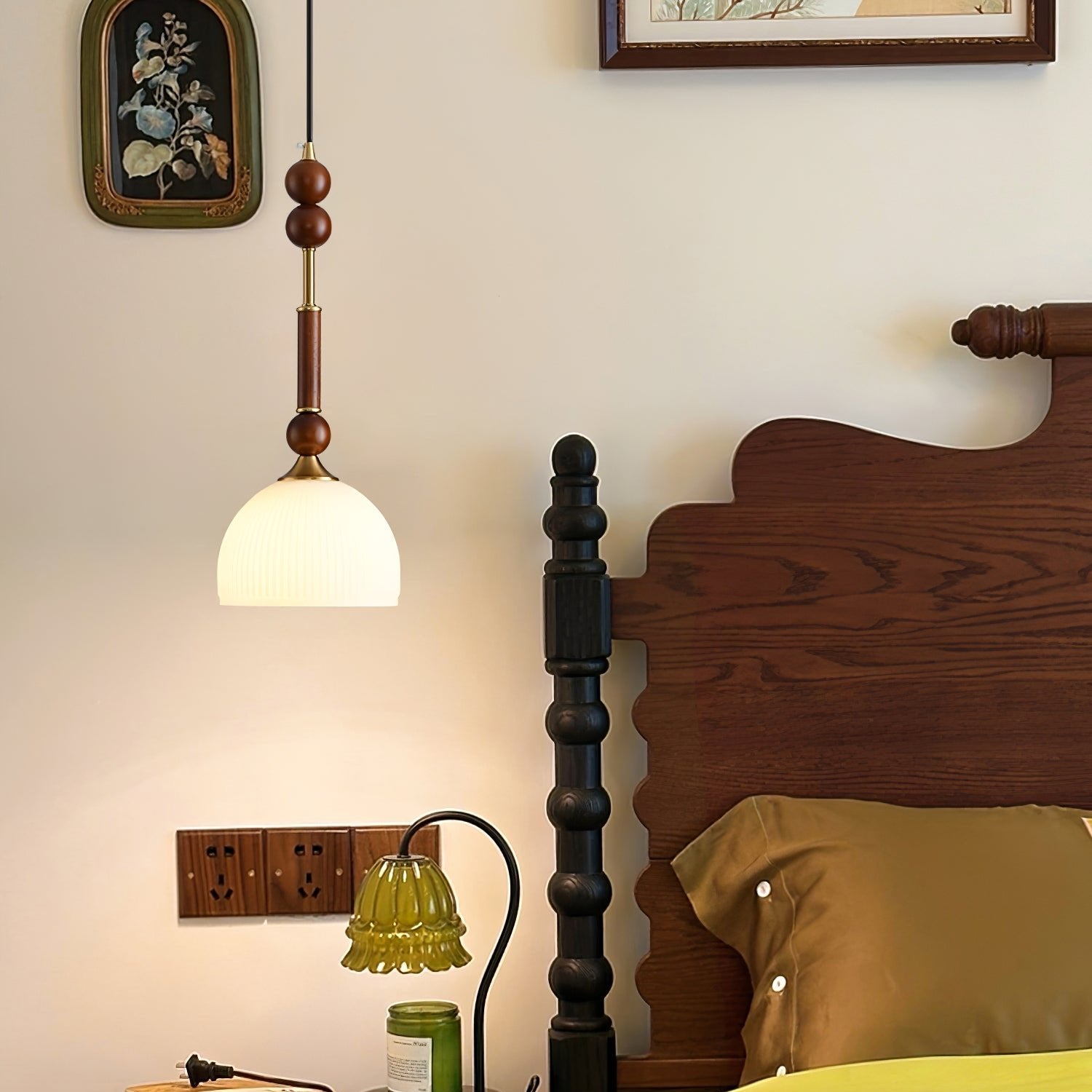 Roma Pendant Lamp Vintage European Ceiling Light | Wood Brass Glass Fabric Design | E26 E27 Compatible | Dining Living Room Lighting