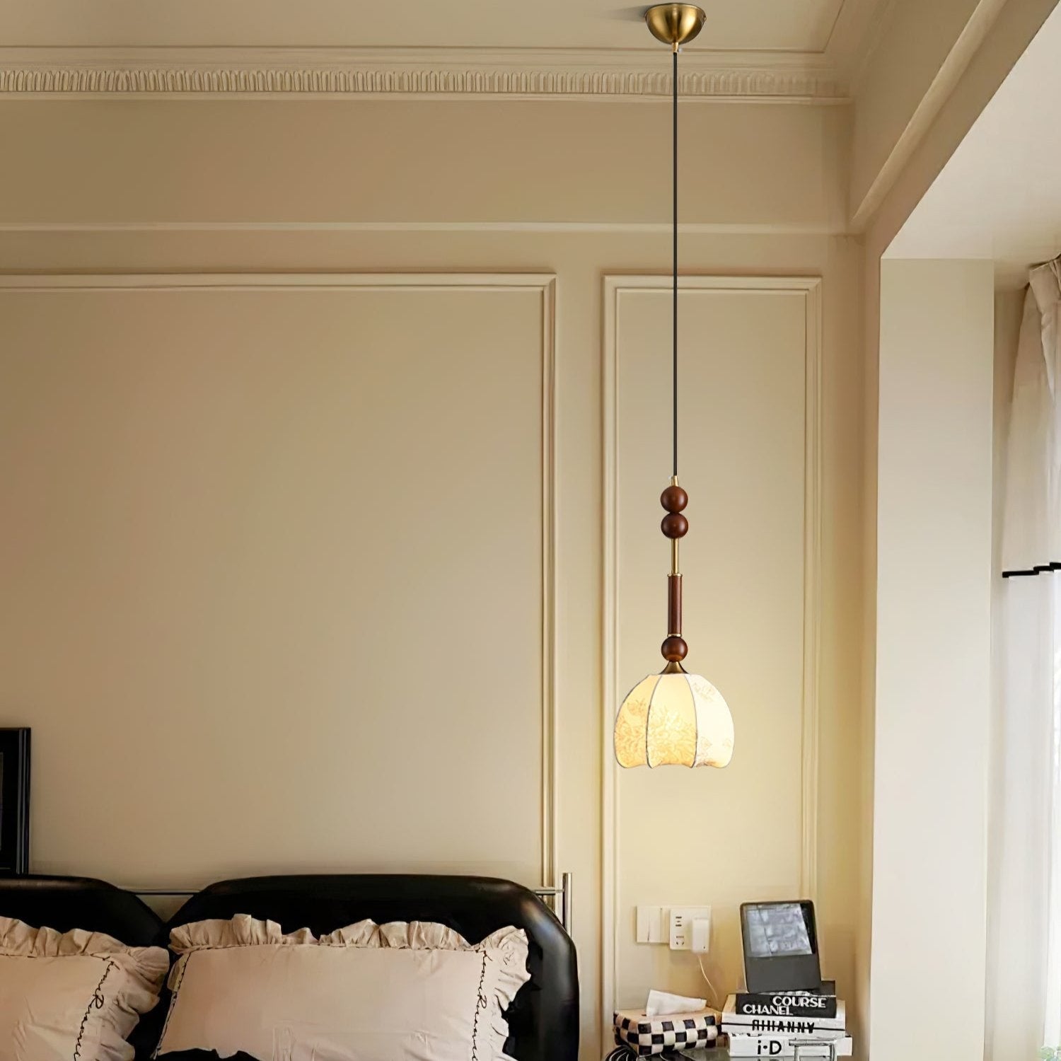 Roma Pendant Lamp Vintage European Ceiling Light | Wood Brass Glass Fabric Design | E26 E27 Compatible | Dining Living Room Lighting