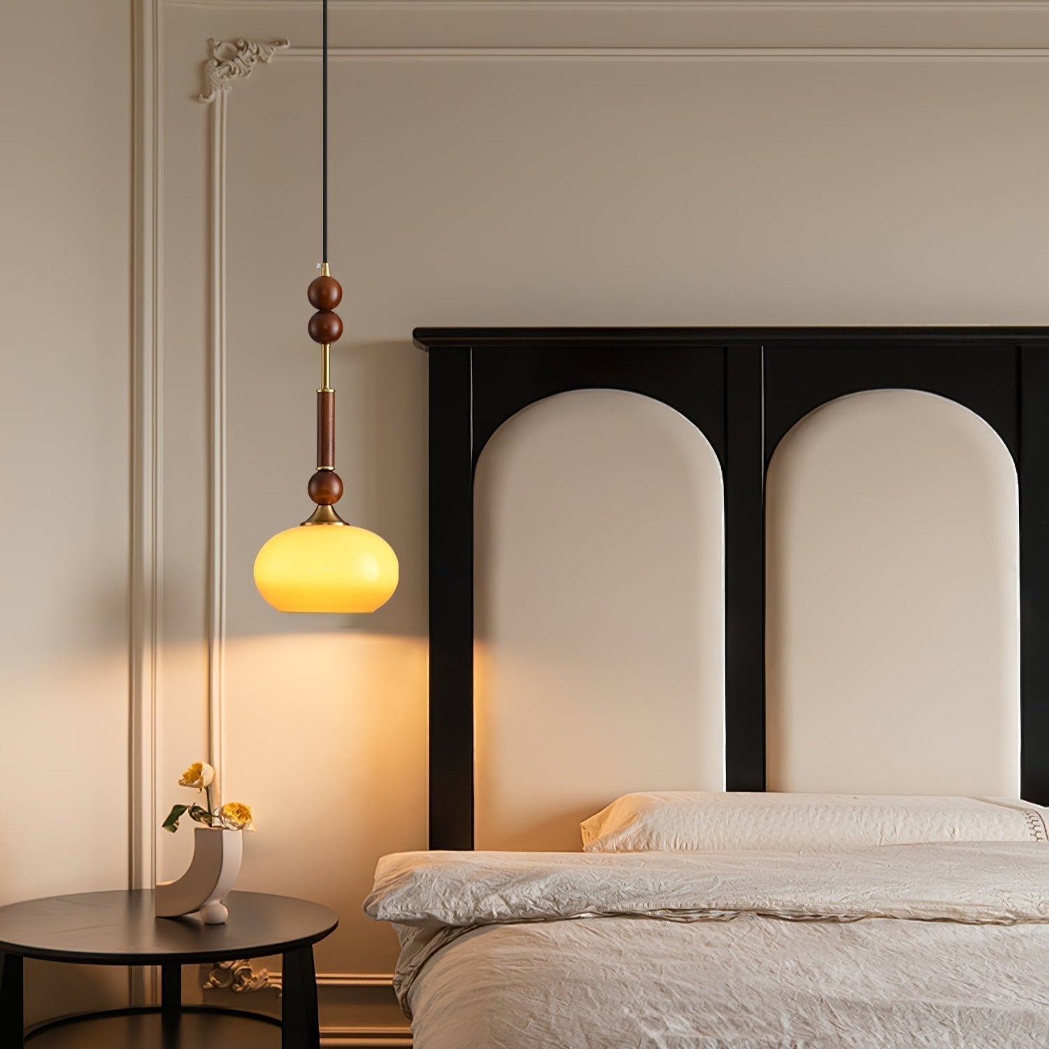 Roma Pendant Lamp Vintage European Ceiling Light | Wood Brass Glass Fabric Design | E26 E27 Compatible | Dining Living Room Lighting
