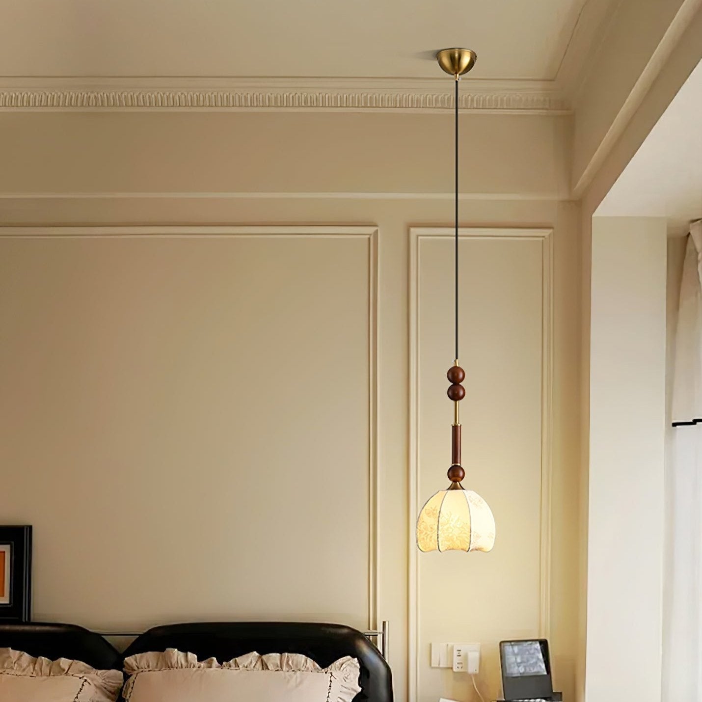 Roma Pendant Lamp Vintage European Ceiling Light | Wood Brass Glass Fabric Design | E26 E27 Compatible | Dining Living Room Lighting