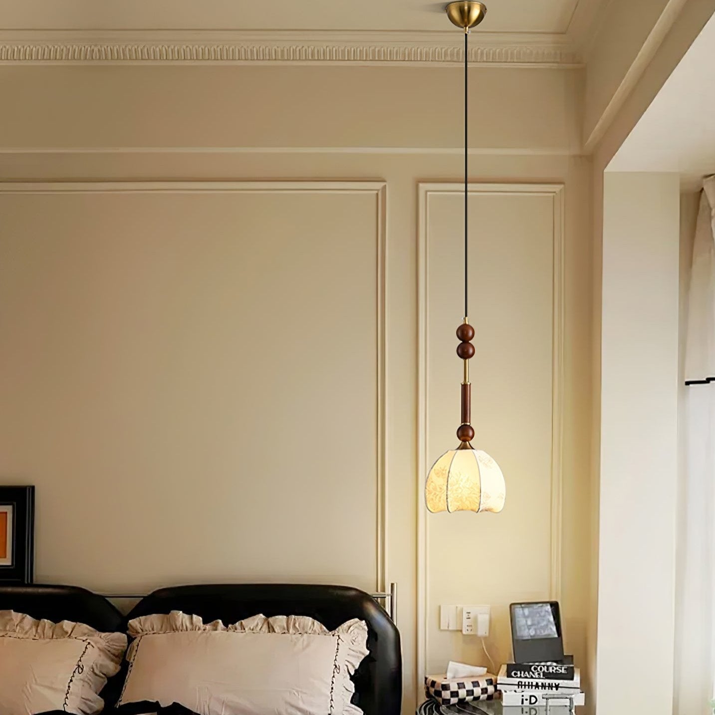 Roma Pendant Lamp Vintage European Ceiling Light | Wood Brass Glass Fabric Design | E26 E27 Compatible | Dining Living Room Lighting