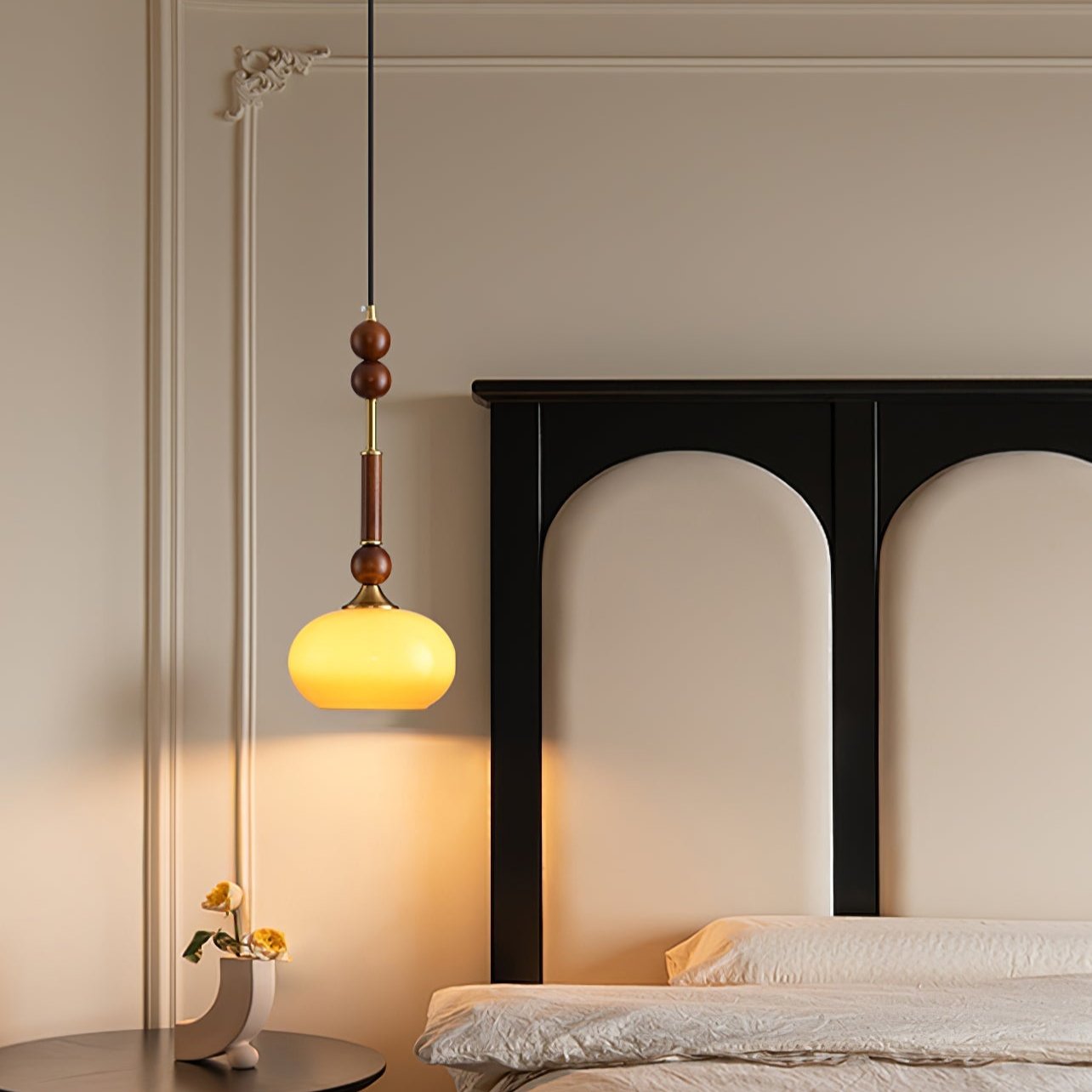 Roma Pendant Lamp Vintage European Ceiling Light | Wood Brass Glass Fabric Design | E26 E27 Compatible | Dining Living Room Lighting