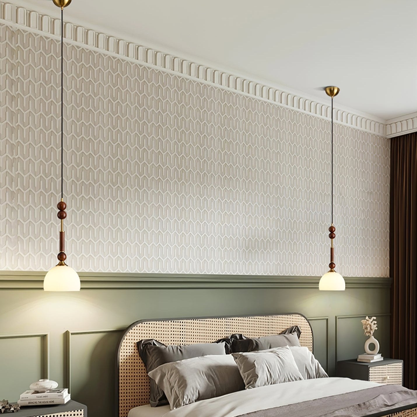 Roma Pendant Lamp Vintage European Ceiling Light | Wood Brass Glass Fabric Design | E26 E27 Compatible | Dining Living Room Lighting