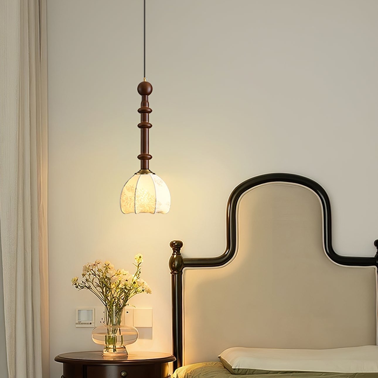 Roma Pendant Lamp Vintage European Ceiling Light | Wood Brass Glass Fabric Design | E26 E27 Compatible | Dining Living Room Lighting