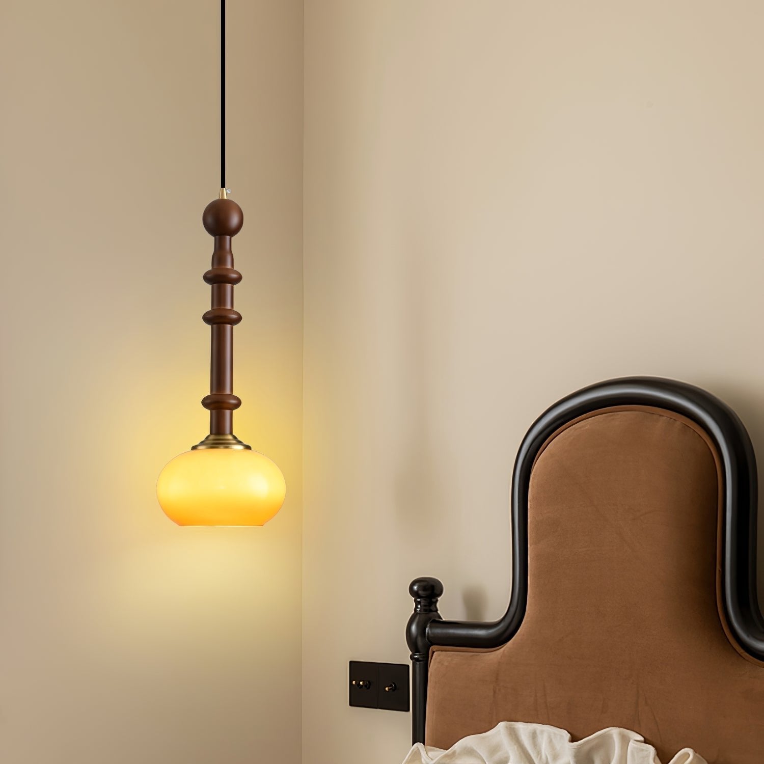 Roma Pendant Lamp Vintage European Ceiling Light | Wood Brass Glass Fabric Design | E26 E27 Compatible | Dining Living Room Lighting