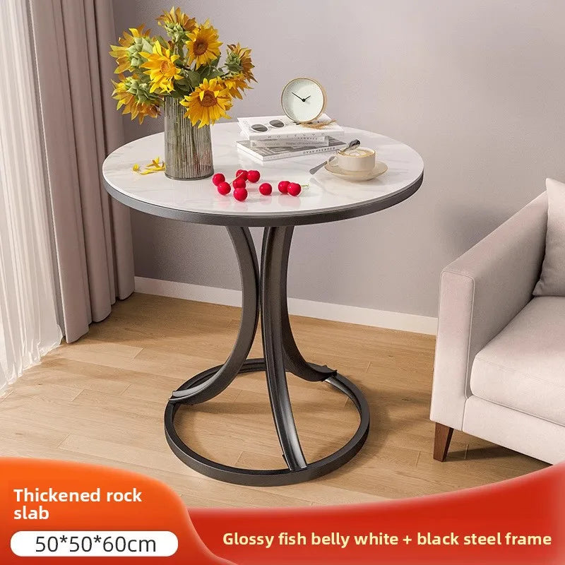 Side Table Cavero Round Rock Slab Marble Top | Modern Sofa & Bed Side Table | Metal Frame with Wheels, Mobile Design