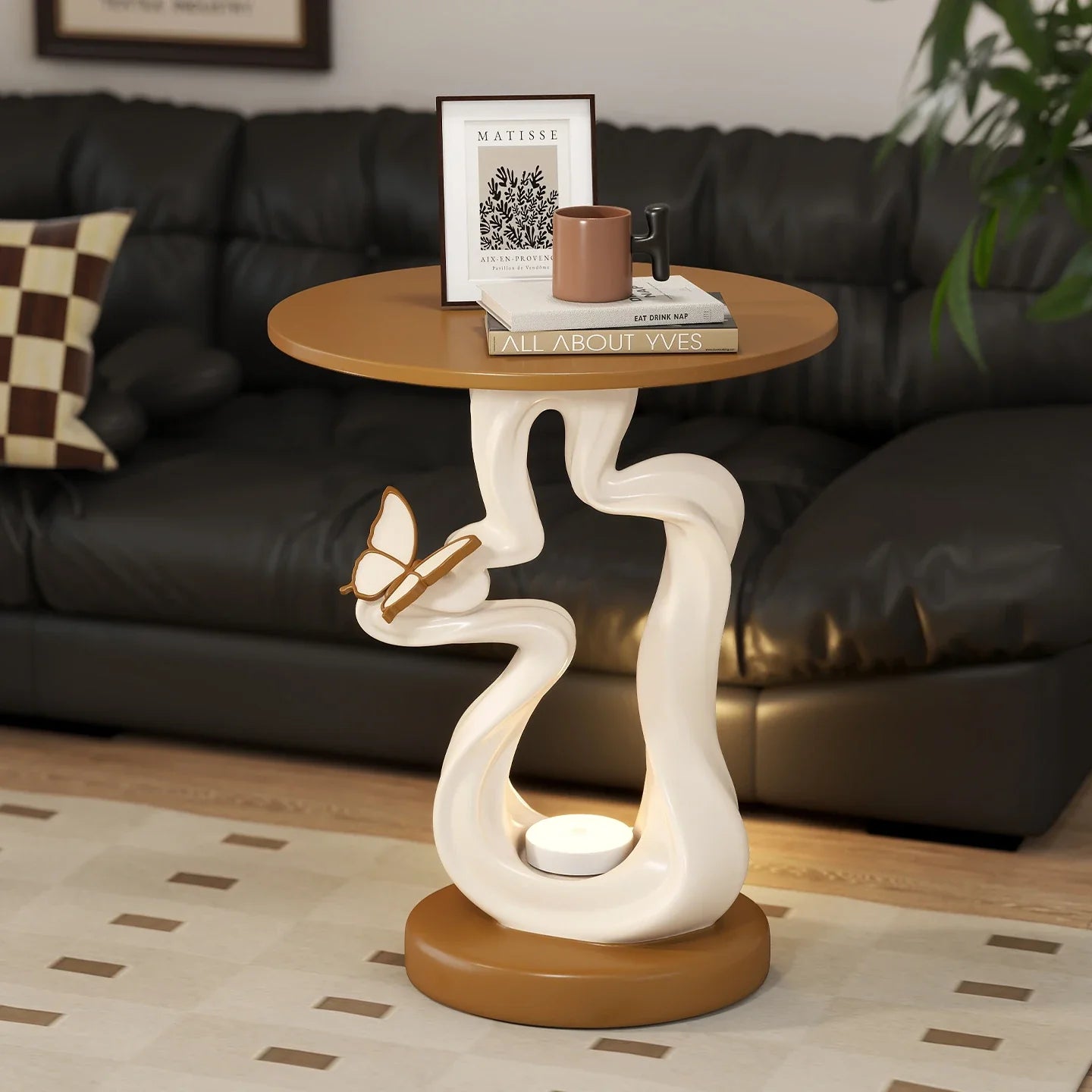 Florentian Butterfly Side Table with Lamp | French Antique Resin Accent Table with Storage