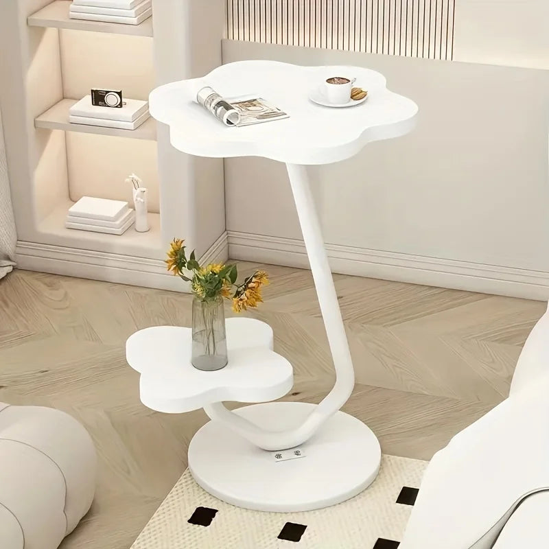 Marentha Flower-Shaped Side Table | Cream Modern 2-Tier Storage Accent Table with Metal Frame | Compact Coffee & End Table for Living Room | Ø40 × H60 cm