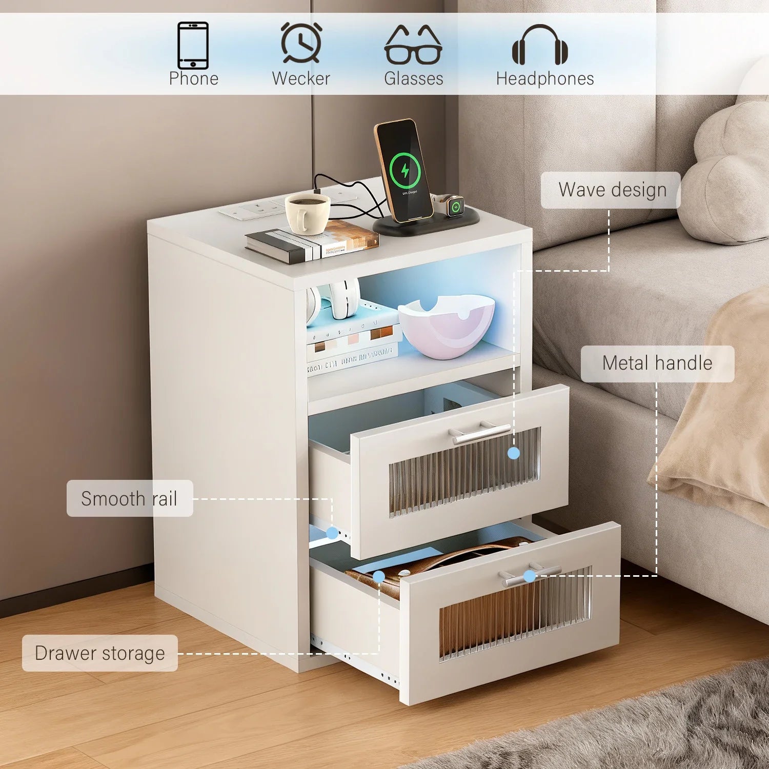 Noctura Nightstand with LED Lighting & Charging Station | 2 Drawer Bedside Table | Modern Black/White Storage Cabinet with USB & App Control