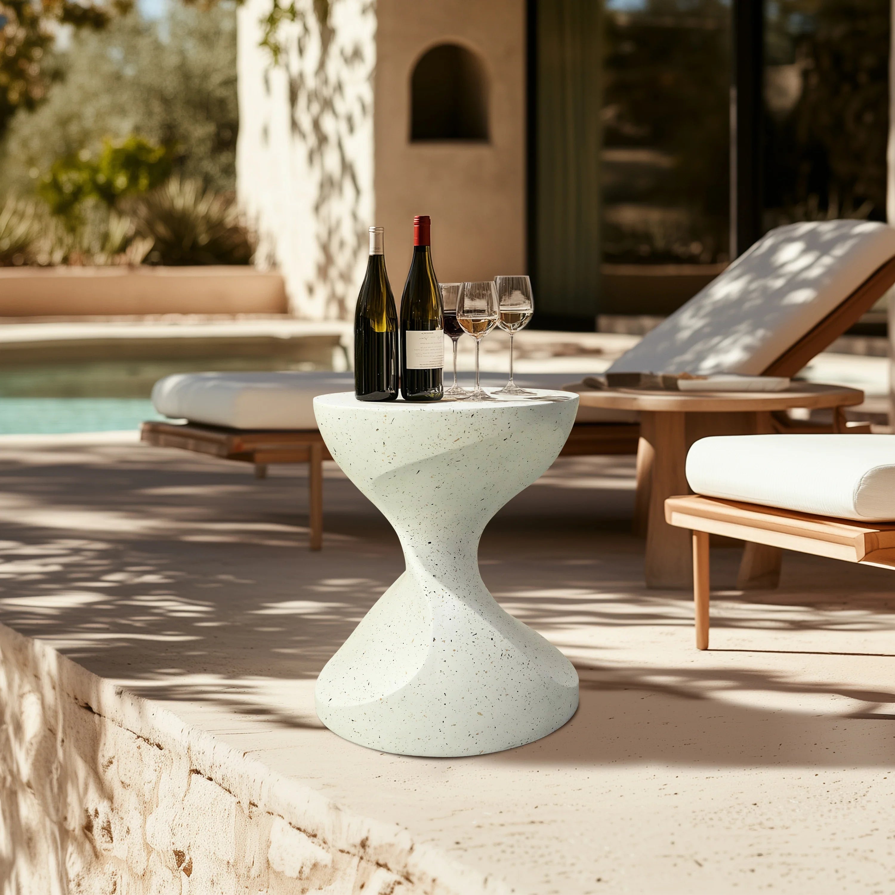Zanvero White Hourglass Side Table | Lightweight Concrete Accent Table | Modern Sculptural Sofa & Nightstand Table