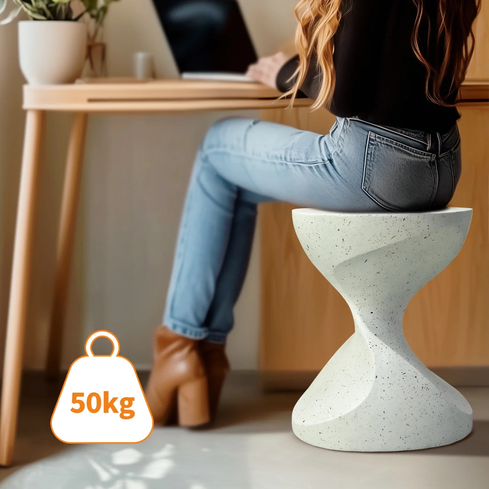 Zanvero White Hourglass Side Table | Lightweight Concrete Accent Table | Modern Sculptural Sofa & Nightstand Table