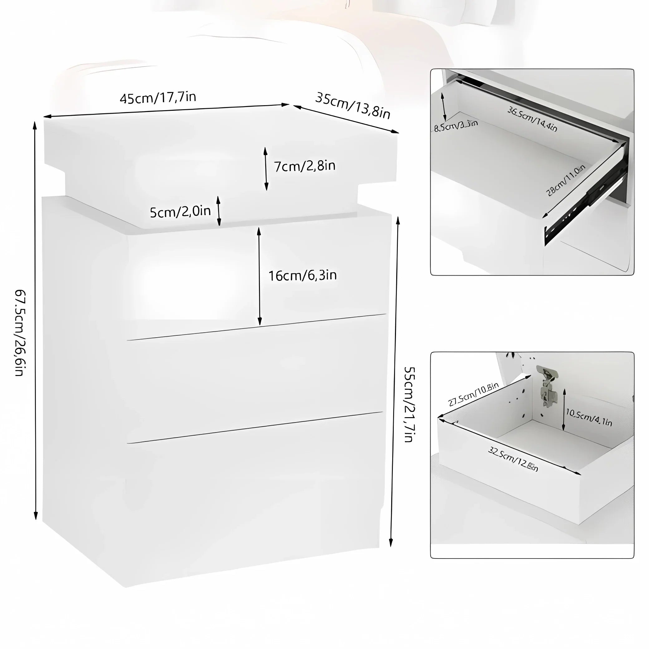 Lumora White Nightstand with 3 Drawers & RGB LED Lighting | High-Gloss Modern Bedside Table | Smart USB-Controlled Storage Cabinet