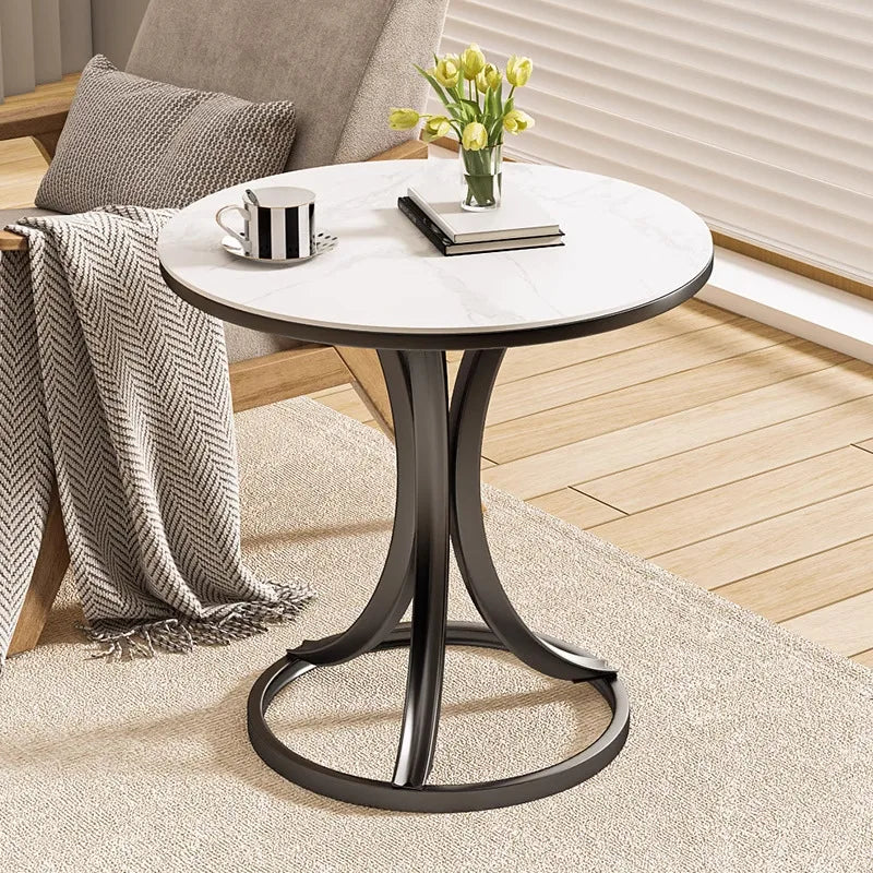 Side Table Cavero Round Rock Slab Marble Top | Modern Sofa & Bed Side Table | Metal Frame with Wheels, Mobile Design