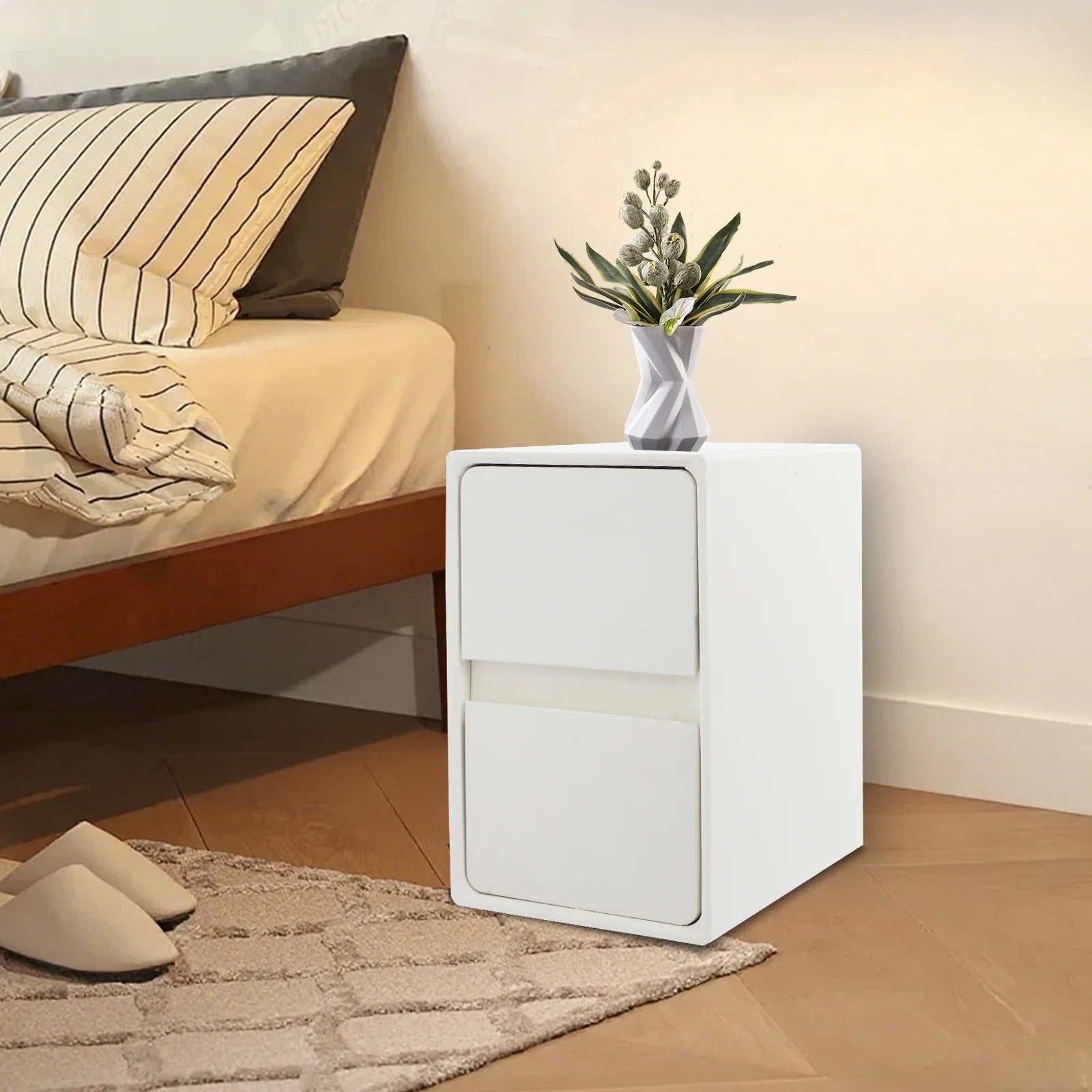 Selvano Small Nightstand with 2 Drawers | Slim Modern Bedside Table | Space-Saving Storage Cabinet | White Minimalist Design