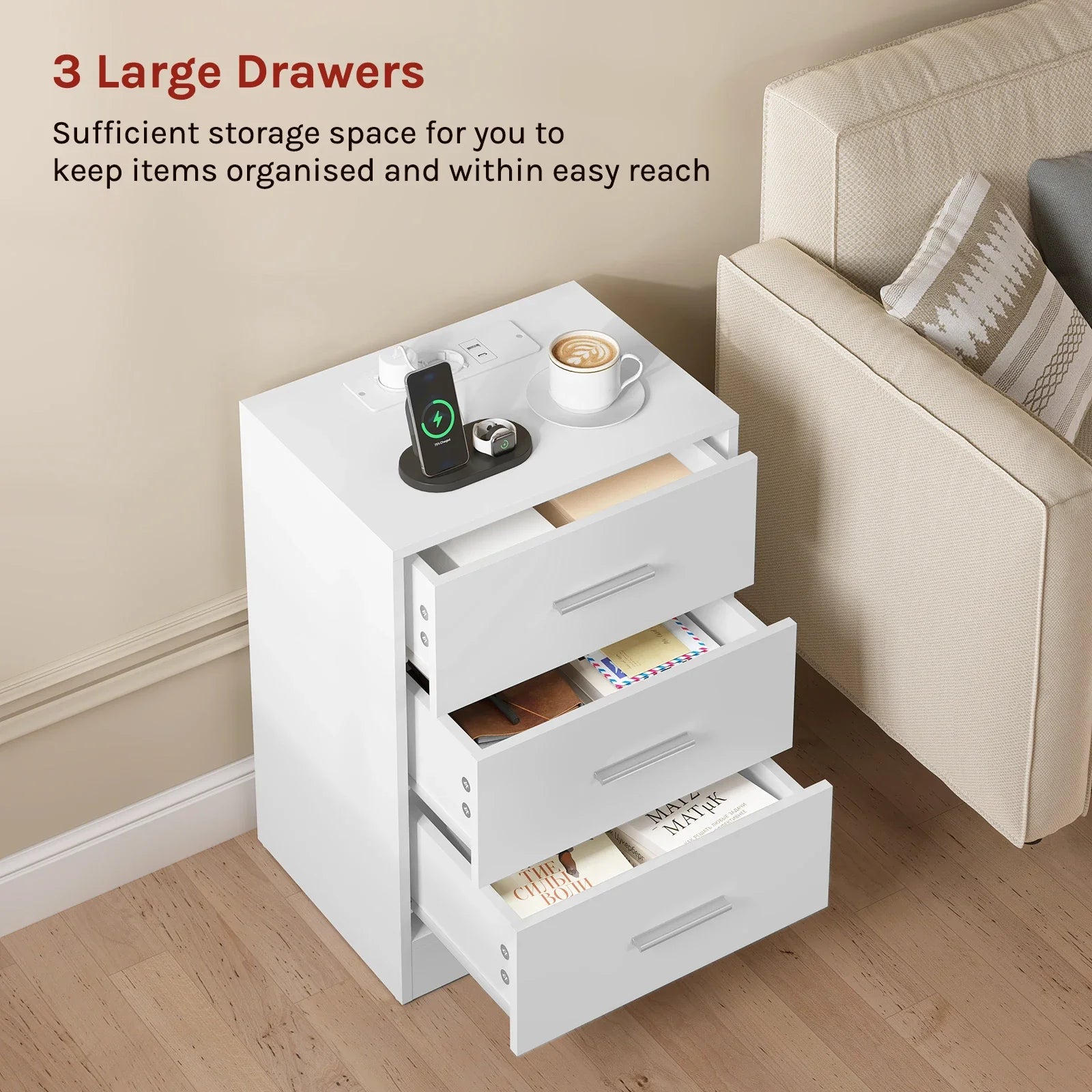 Tavira Modern Nightstand with 3 Drawers | Built-In Charging Port & Power Socket | Compact Bedside Table for Bedroom or Living Room
