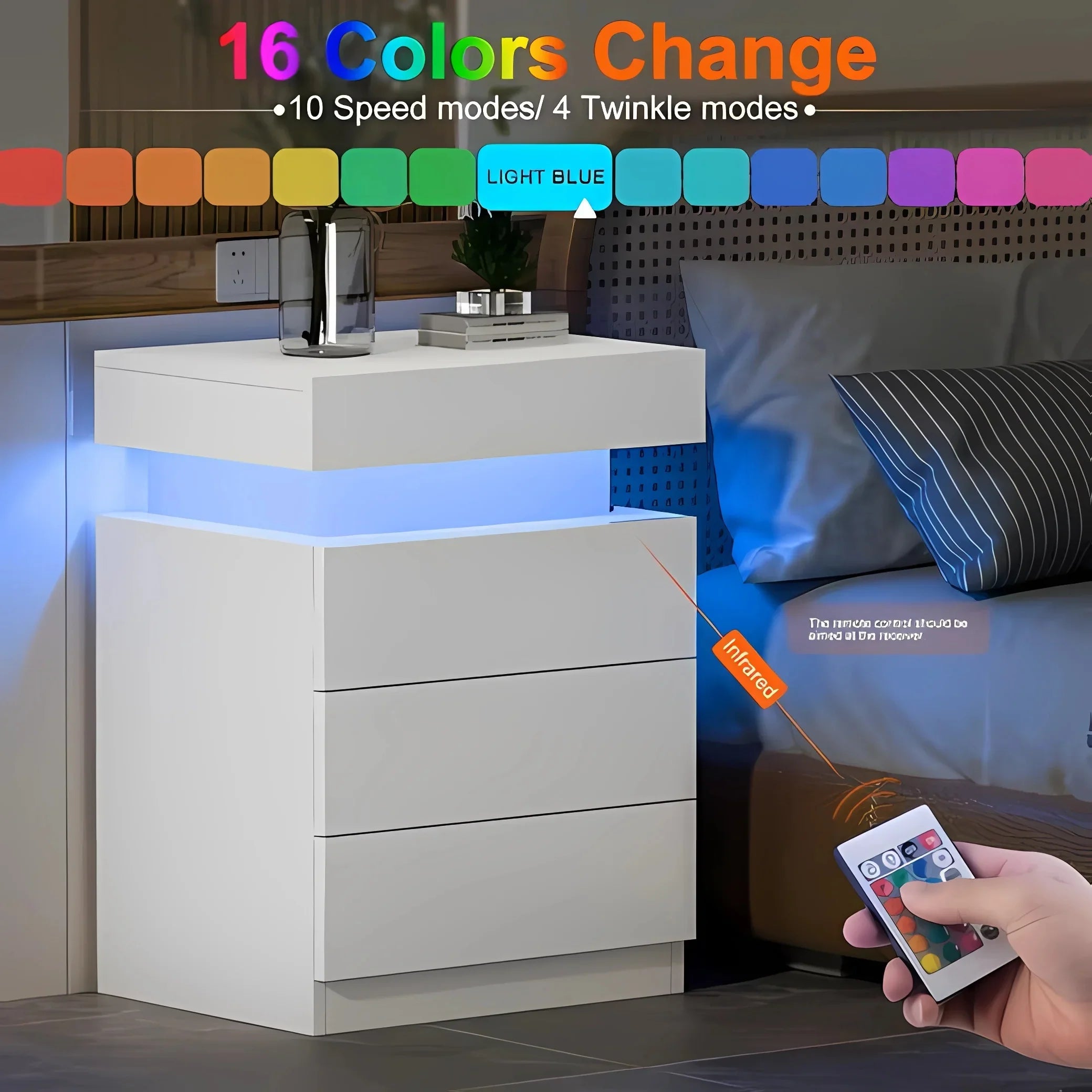 Lumora White Nightstand with 3 Drawers & RGB LED Lighting | High-Gloss Modern Bedside Table | Smart USB-Controlled Storage Cabinet
