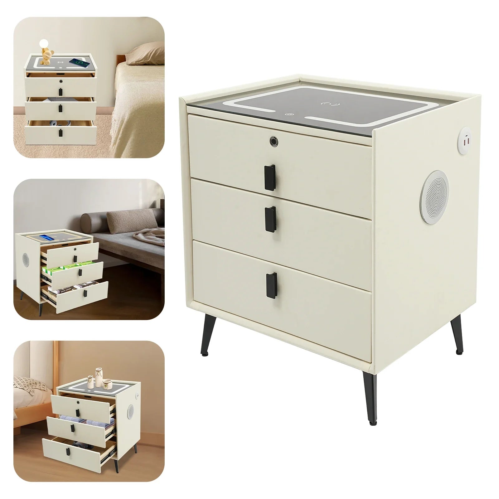 Elaron Smart Nightstand with LED Lighting & Fingerprint Lock | Wireless Charging Bedside Table with Bluetooth Speakers | Modern 3 Drawer Storage Cabinet
