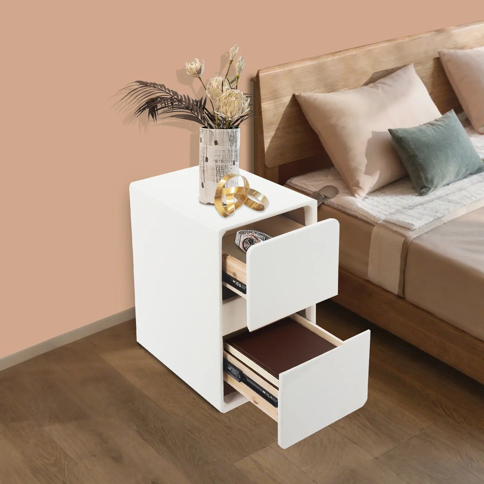 Selvano Small Nightstand with 2 Drawers | Slim Modern Bedside Table | Space-Saving Storage Cabinet | White Minimalist Design