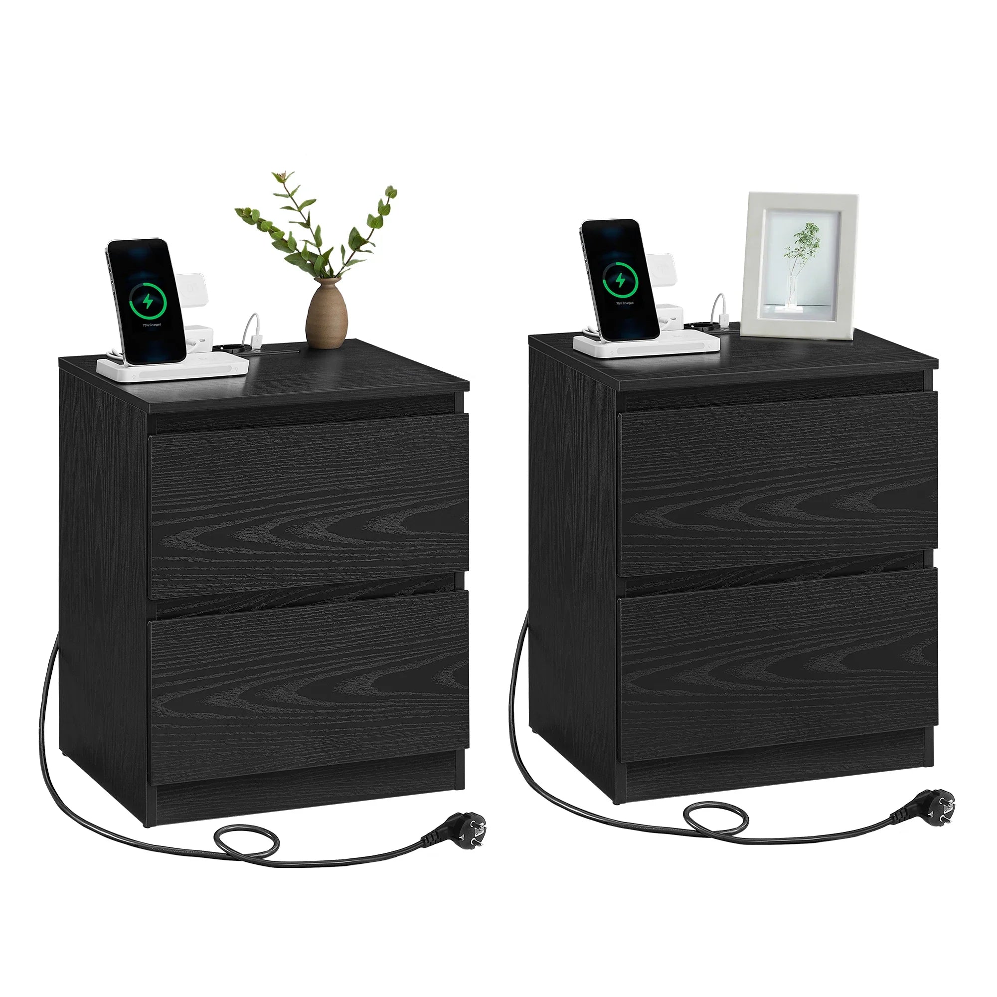 Sereva Nightstand Set of 2 with Outlets & USB Ports | Modern Bedside Tables with Charging Station | 2 Drawer Storage Cabinets