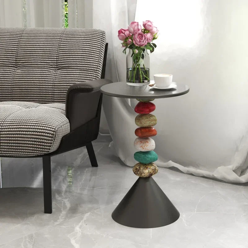 Marovien Colorful Stacked Stone Side Table | Round Accent Table with Storage and Wheels